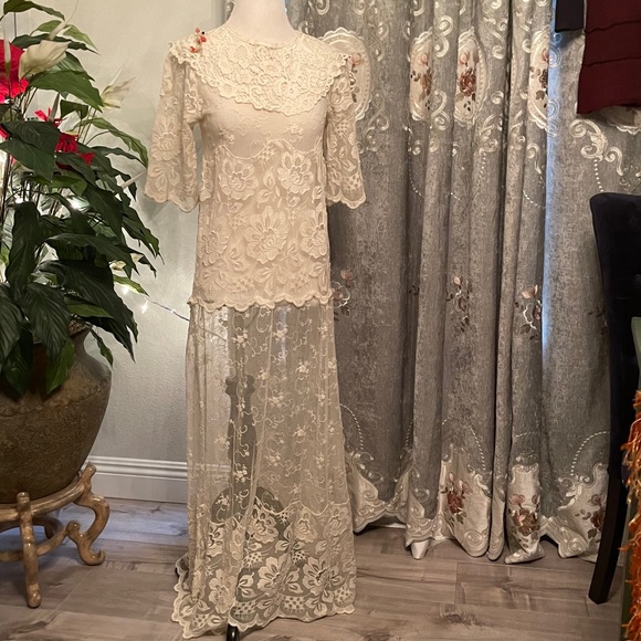 ANTIQUE Vintage  1920s HANDMADE Tambour Needle lace Drop Waist WEDDING dress - Picture 9 of 9